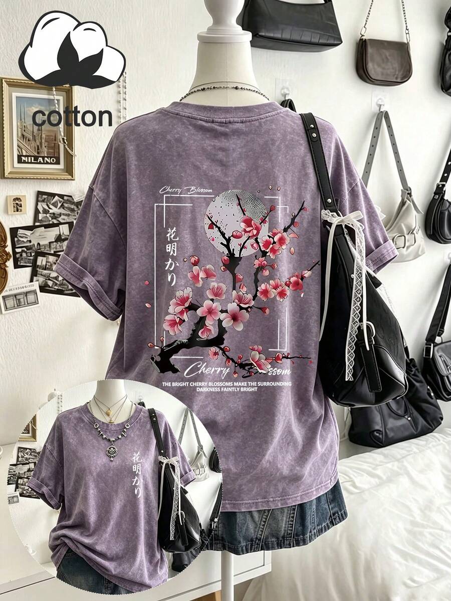 Plus Size Women's Washed Cotton Short Sleeve T-Shirt, Printed Design, Y2K Street Style, Halloween Autumn Plus Size Casual Summer Clothing - Medium Purple - View 1