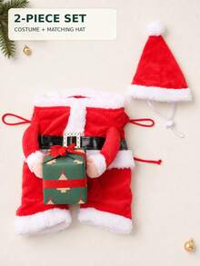 2pcs Christmas Pet Costume Set With Hat, Funny 3D Santa Claus Gift Box Standing Design, Suitable For Small Dogs, Medium Dogs And Cats, Red Christmas Cosplay Outfit, Holiday Party Photo Prop - Red - View 2