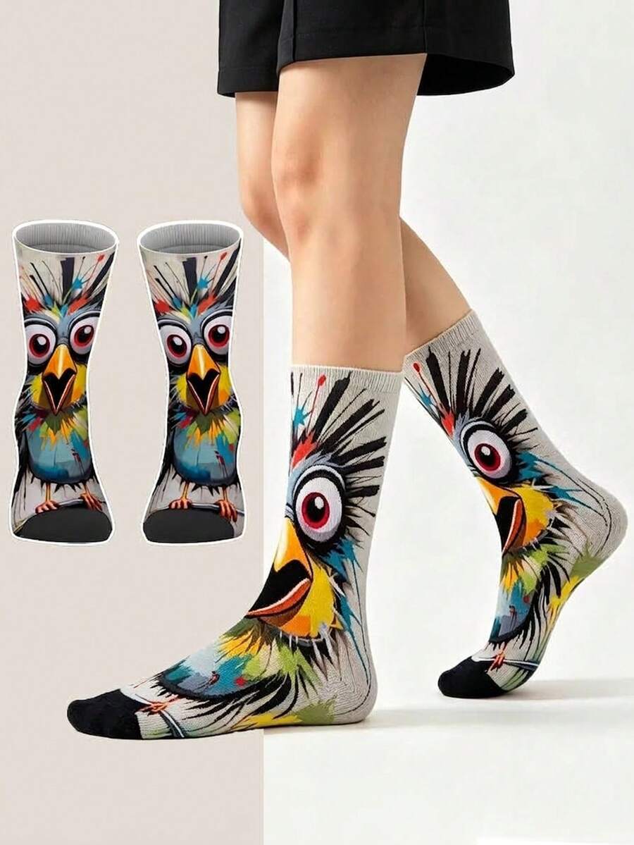 Tất cổ trung bình họa tiết chim hoạt hình doodle hài hước Lễ Tạ ơn, unisex, in kỹ thuật số 360° họa tiết nghệ thuật nhiều màu, tất trang trí phong cách sáng tạo thường ngày cho trang phục tiệc lễ hội, tất mùa thu - Nhiều màu - Xem 1