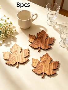 1/4/8Pcs Maple Leaf Wooden Coaster Set,Non‑Slip Heat‑Resistant Cup Mats,Fall Table Decor,Home Kitchen Office Restaurant Party Coffee Tea Drink Mat,Halloween Thanksgiving Holiday Gift - Multicolor - View 7