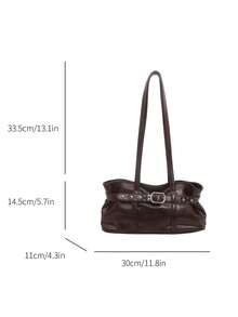 Women's Vintage Faux Leather Shoulder Bag, With Rivet Buckle Strap Decoration, Pleated Design, Soft Underarm Handbag, Retro Y2K Style, Large Capacity, Daily Commute Shoulder Bag - Coffee - View 7