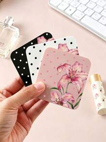 New Polka Dot Lily Pattern Portable Square Makeup Mirror Double-Sided Square Makeup Mirror Women Foldable Makeup Mirror Compact Minimalist Makeup Mirror Suitable For Wallet And Travel Mini Makeup Mirror, Print Density And Position Random - Multicolor - View 3