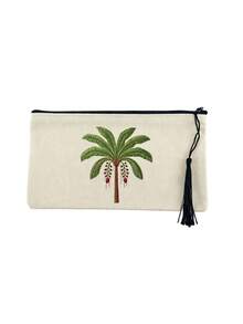 Beige Canvas Zipper Makeup Bag,Printed With Coconut Tree Patterns, Paired With Tassels, Can Be Used As Toiletry Bag,Travel Storage Bag,Stationery Bag - Multicolor - View 12