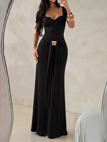 Spring/Summer Solid Color Sweetheart Neckline High Waist Long Dress, Mature Elegant Style Date Party Slim Fit Evening Gown, Dark Coffee Color Women's - Black - View 5