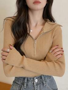 女款日常修身百搭設計拉鍊半開領長袖針織毛衣上衣 - 金杏色 - 查看 5