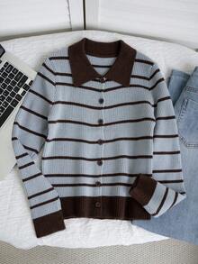 Women's Loose Vintage Contrast Color Striped Knit Cardigan Sweater, Button-Up Soft Cozy Outerwear Top, Autumn/Winter - Light Sky Blue - View 8