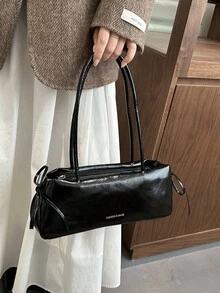 Tas Bahu Kecil Wanita yang Mengkilap, Modis, dan Serbaguna dengan Pita, Ringan, Minimalis, Warna Polos, Tas Ketiak dengan Detail Kerut, Cocok untuk Penggunaan Sehari-hari, Kasual, Perjalanan, Kerja, Liburan, dan Pelajar - Hitam - View 3