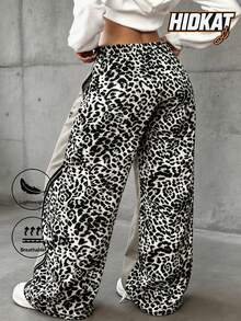 Hidkat Women's Leopard Print Retro Lightweight Street Casual Sports Straight Leg Wide Leg Pants, Spring/Autumn, - Black - View 3