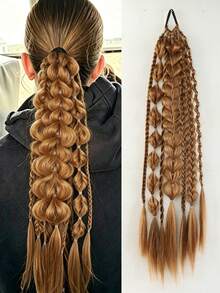Women's Mixed Color Braided Ponytail Wig, 1pc 24 Inch Bubble Ponytail, Heat-Resistant Synthetic Fiber Wig,Braided Extensions,Hairstyle Accessories,Suitable For Women's Daily Wear And Music Festivals - Multicolor - View 12