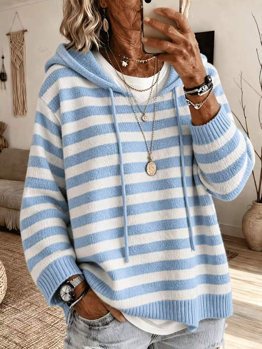 Women's Elegant Hooded Striped Long Sleeve Knit Sweatshirt, Soft And Warm - Baby Blue - View 1