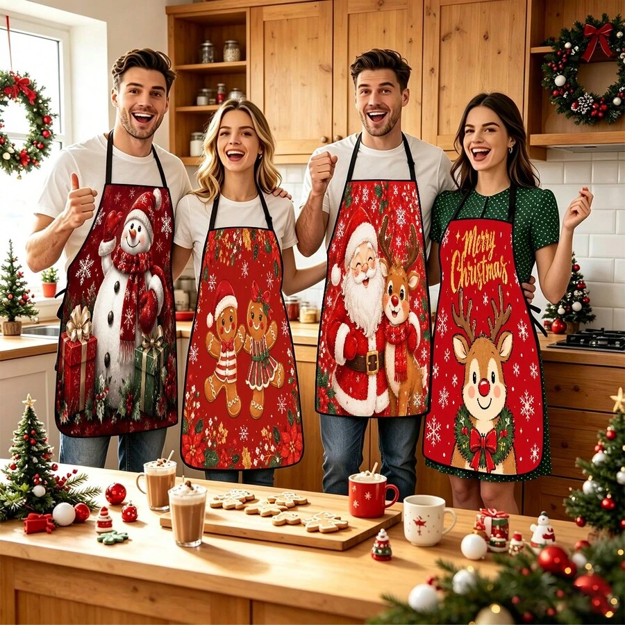 4pcs Christmas, Santa Claus, Bell, Snowflake, Reindeer, Christmas Tree, Snowman, Penguin, Gingerbread Man, Nutcracker, Christmas Animal Pattern Aprons, Suitable For Home Decor And Kitchen Use. Designed As Sleeveless Style, Perfect For Home Kitchen, Outdoor BBQ Cooking. This Printed Apron Is Unisex, Machine Washable And Reusable, An Essential Kitchen Item - Multicolor - View 1