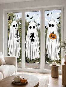 6pcs (3 Complete Ghost Patterns) - Large Halloween Ghost Window Decals, Halloween Window Stickers, Vintage Ghost, Evil Ghost, Bat Ghost, Reusable Window Decals, Suitable For Halloween Autumn Party Supplies, Home Glass Decoration, Halloween Window Decoration Stickers, Pumpkin And Ghost Patterns, Party Decoration - Multicolor - View 7