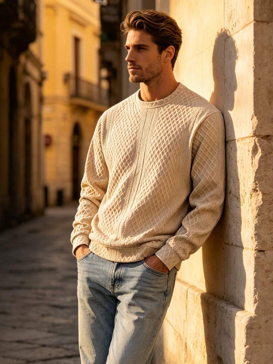 Men's Spring/Autumn Textured Jacquard Fabric Crew Neck Long Sleeve Polo Shirt - Khaki - View 1
