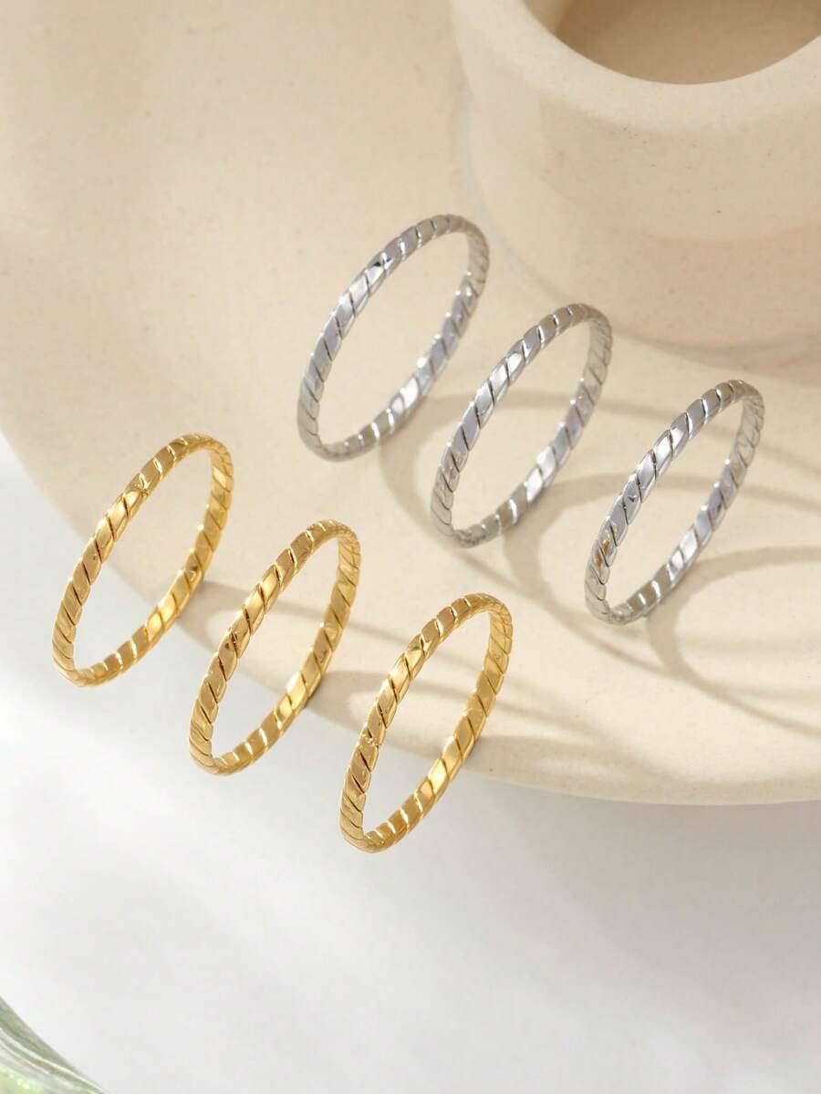 3pcs Twisted Design Rings 18K Gold Plated/304 Stainless Steel Material Minimalist Plain Style Women's Stackable Finger Rings - Width 2mm - View 1