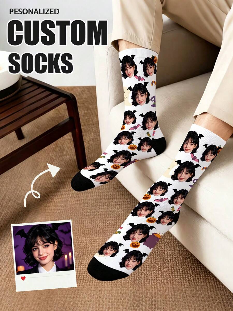 1 Pair Customized Women's Mid-Calf Socks, Customized Face Socks, Couple Socks, Customized Photo Socks, Customized Printed Socks, Personalized Funny Face Socks, Customized Pattern Socks, Personalized Interesting Face Pattern, Can Print Any Face Shape On Socks, Anniversary Gift, Valentine's Day Gift, Birthday Gift, Wedding Gift, Mother's Day Gift, Father's Day Gift, Best Friend Gift, Gift For Mom/Dad, Gift For Girlfriend/Boyfriend - White - View 1