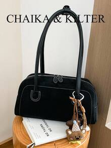CHAIKA & KILTER 1pc Solid Color Suede Fabric Women's Vintage Fashion Matte Shoulder Bowling Bag With Contrast Quilted Stitching, Double Handle Design, Zipper Closure, Suitable For Daily And Street Use - Black - View 5