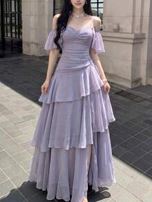 女款優雅時尚純色晚宴禮服，法式修身荷葉邊婚禮賓客畢業禮服，度假海灘穿搭，夏季服飾 - 紫丁香色 - 查看 4