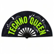 1pc Green English Print Kung Fu Fan, Disco Ball Lightning Pattern Fabric Clapper Fan, Party Personalized Decorative Folding Fan - Multicolor - View 1