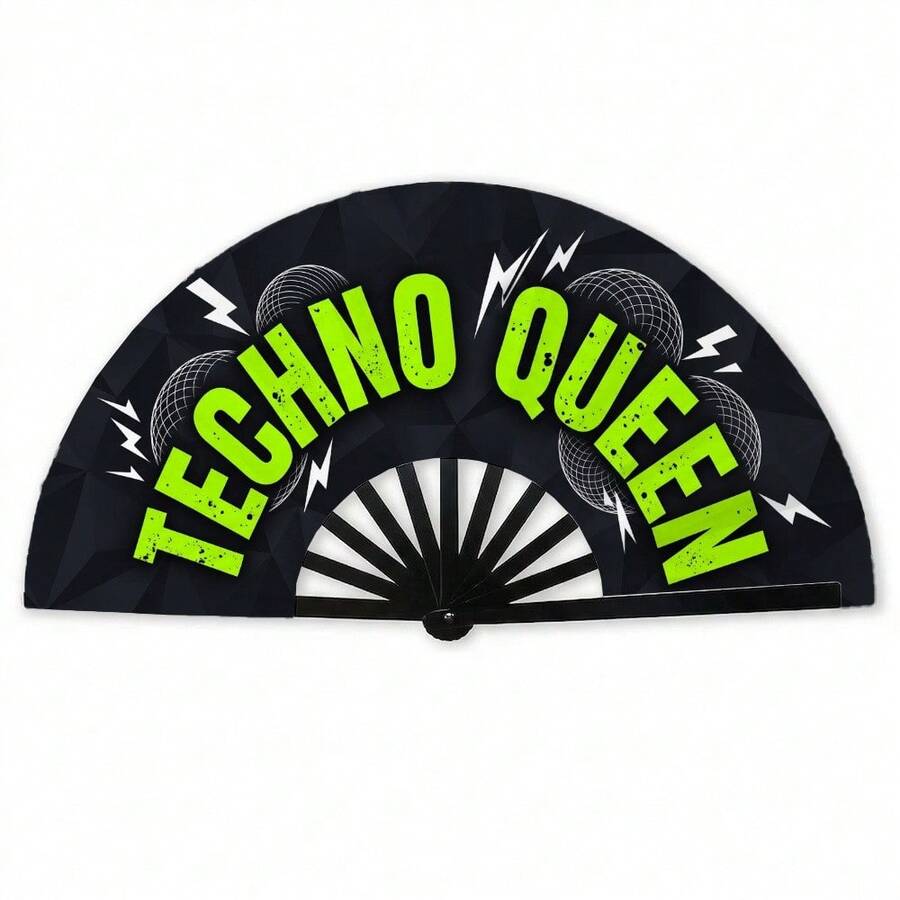 1pc Green English Print Kung Fu Fan, Disco Ball Lightning Pattern Fabric Clapper Fan, Party Personalized Decorative Folding Fan - Multicolor - View 1
