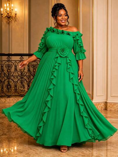Plus Size African Women Elegant Green Chiffon Cold Shoulder Ruffle 3D Floral A-Line Long Flare Sleeve Pleated Dress, Suitable For Wedding Guest, Birthday Party