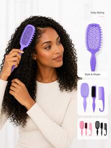 Curly Hair Smoothing & Styling Brush Set, Vented Curl Defining Brush, Wide Tooth Hook Comb & Pointed Tail Styling Brush For Curly Wavy Coily Hair, Sectioning, Shaping, Daily Hair Styling, Home Travel Use, Multi-Color Options - Multicolor - View 6