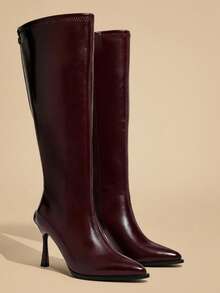 Fall/Winter 2025 New Thigh High Boots Women Over The Knee High Heel Leather Boots Pointed Toe Plus Size Boots - Burgundy - View 4