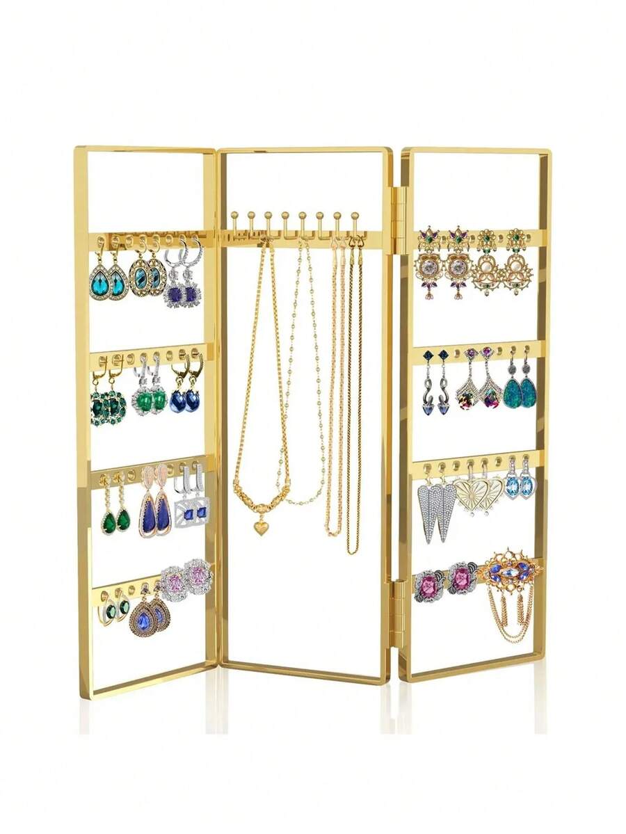 Large Capacity Jewelry Organizer Stand, Foldable Gold Metal Earring Holder With Necklace Hooks, Jewelry Display Rack For Dresser And Vanity - Multicolor - View 1