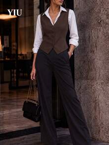 YIU LUMOS Women's Dark Brown Vest, V Neck Button Front Five Button Slim Fit, Vintage Western Office Chic Waistcoat For Fall Winter Daily Layering - Brown - View 2