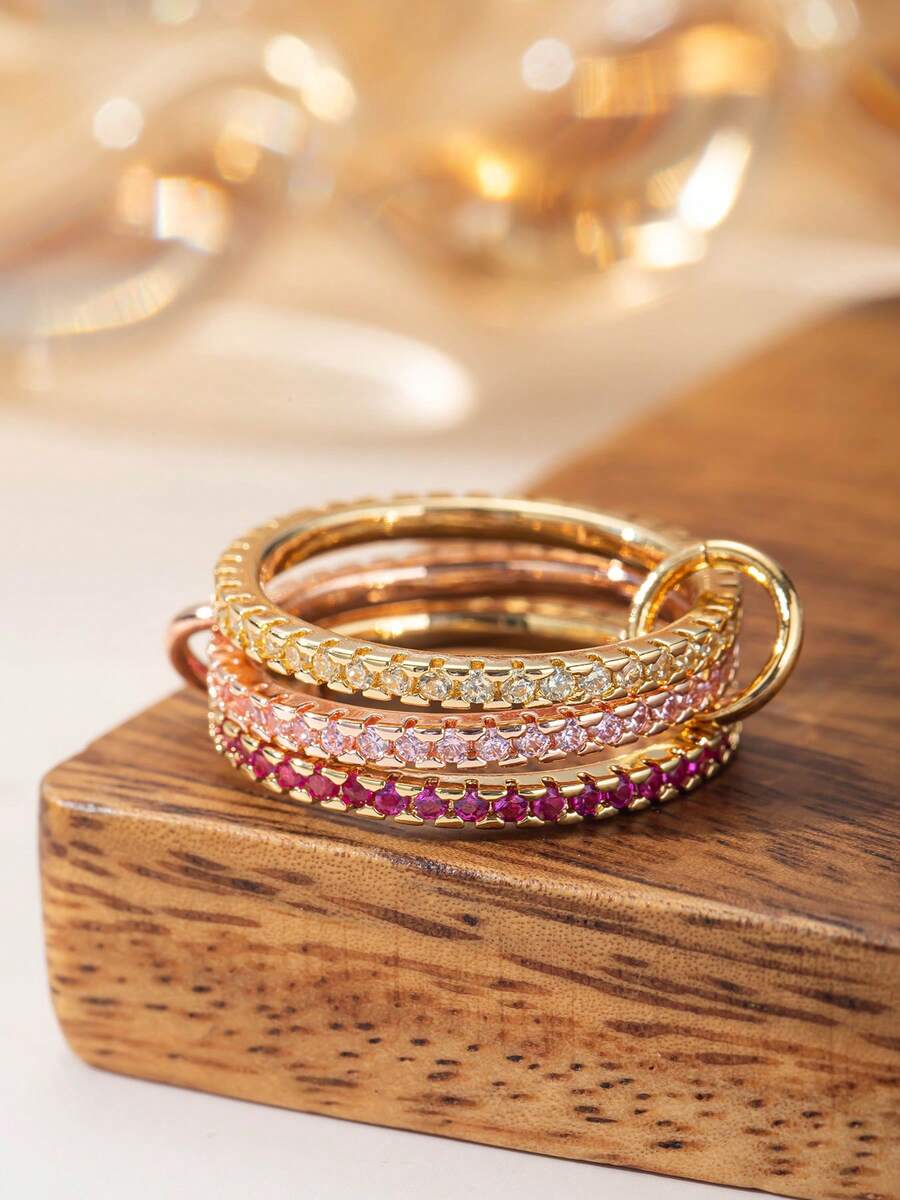 Intertwined Three‑Band Stackable Ring, Colorful Zirconia 18K Gold‑Plated Interlocking Stacking Rings, Elegant Jewelry For Women For Party And Daily Wear