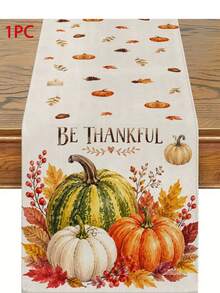 Thanksgiving Autumn Kitchen Decor Table Runner BE THANKFUL Watercolor Pumpkin Pattern Rustic Country Style Autumn Holiday Dining Table Decoration Maple Leaf Berry Pinecone Candle Print Tablecloth Restaurant Kitchen Home Decor - Multicolor - View 16