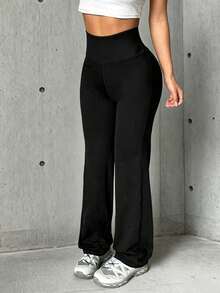 Hidkat Women's Solid Color High Waist Back Hollow Out Pleated Design Yoga Sports Knit Leggings - Black - View 4