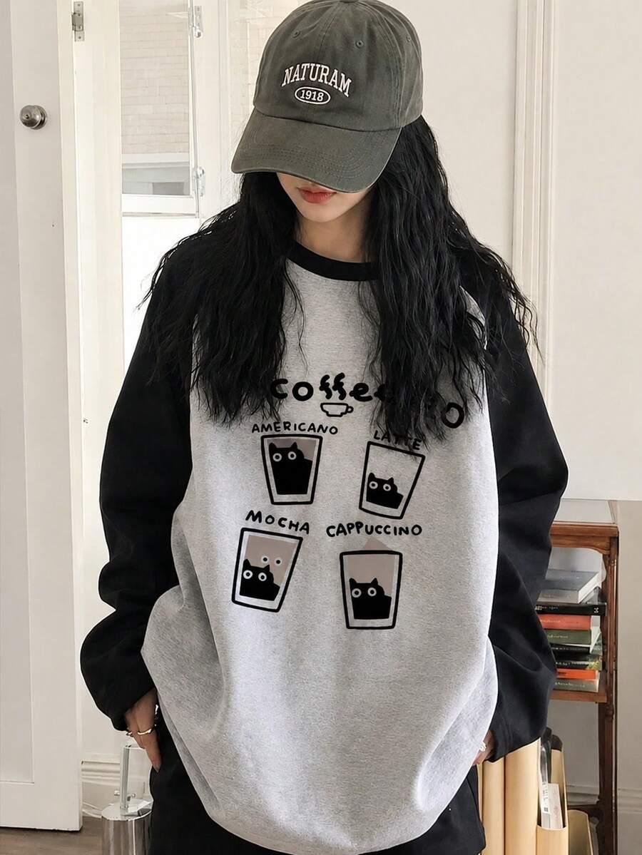 女款時尚秋冬落肩拼接色純棉寬鬆休閒百搭字母與咖啡印花長袖T恤 - 灰色 - 查看 1