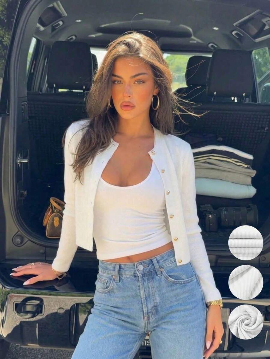 New Fashion Street Style Button-Up Solid Color Slim Fit Long Sleeve Cardigan Top - White - View 1