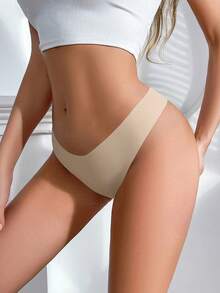 3pcs Seamless Thong Panties Breathable And Comfortable High Elasticity Solid Color Women's Underwear Quick Dry Suitable For Daily Wear - Apricot - View 8