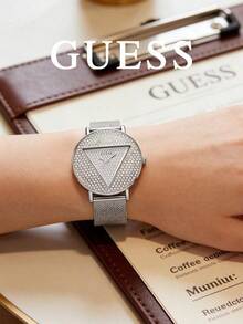 Guess Women's Sparkling Luxury Quartz Watch, Silver Round Case, Fully Paved Dial, Triangle Logo, Metal Mesh Strap, Shiny Evening Style Fashion Watch - Silver - View 1