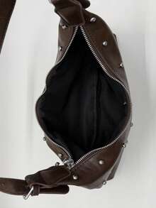 Fashion Studded Decor PU Crossbody Bag, Adjustable Shoulder Strap Zipper Closure, Multi-Functional Shoulder Bag/Handbag, Suitable For University, Commuting, Shopping, Walking And Daily Use - Coffee Brown - View 6