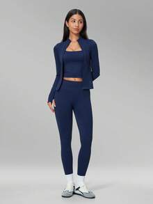 MFVIM Women's Seamless Yoga Tight Versatile Yoga Outfit Outdoor Running Sports Set Tank Top + Pants + Jacket 3-Piece Set - Royal Blue - View 7