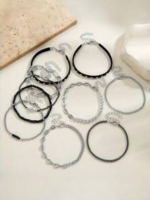 10pcs Cool Black & Silver Vintage Style Mixed Bracelet Set - Suitable For Daily Wear And Gatherings - Multicolor - View 4
