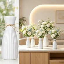 1/5/10pcs White Faux Ceramic Plastic Vase, Modern Vertical Textured Carved Vase With Rope Handle, Small Bud Decorative Vase For Home Decor, Wedding, Table Centerpiece, Living Room And Party Decoration, Flowers Not Included - View 3
