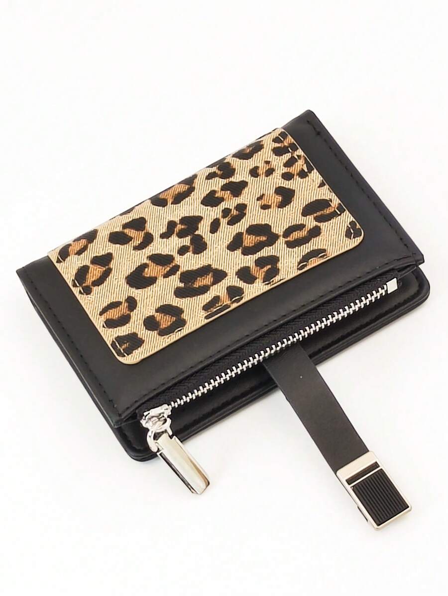 Women's Short Colorblock Patchwork Wallet, Fashionable Leopard & Tree Pattern Multifunctional ID Card Holder, Exquisite Fashionable Snap Closure Large Capacity Zipper Card Holder Coin Purse, Lightweight Convenient To Carry, Suitable For Holiday Gifts - Coffee - View 1