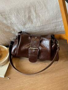 Tas Bahu Retro Bergaya Motor dengan Hiasan Gesper dan Desain Tali Bahu Lebar yang Dapat Dilepas, Cocok untuk Berbelanja, Kencan, dan Bepergian - Kopi - View 9