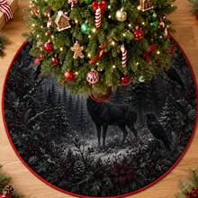 1pc Dark Forest Deer & Crow Pattern Christmas Tree Skirt, Elegant Holiday Decor, 5 Sizes, Unisex Holiday Gift, Suitable For Home And Party Christmas Home Decoration - Dark Forest Moose Crow - View 2