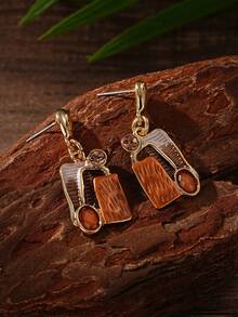 1 Pair Women Retro Geometric Color‑Block Enamel Drop Earrings,Inlaid Glass Dangle Earrings, Vintage Art Statement Ear Jewelry For Daily Party Dating - Geometry - View 9