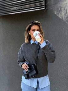 SOOKAUG Collegiate Style Loose Knit Sweater For Women, High-Quality Casual Chic Slim Fit Pullover Top For Early Autumn - Grey - View 1