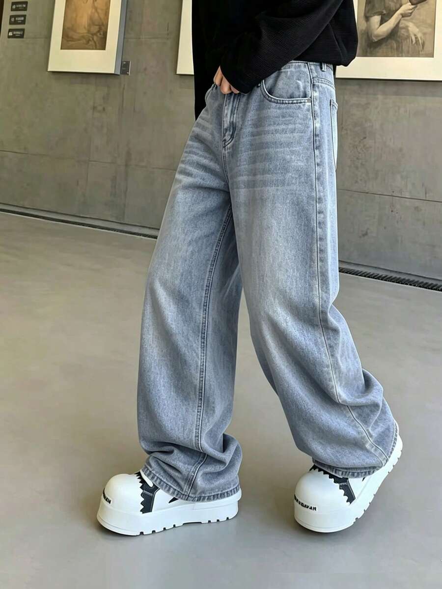 青少年男孩休閒百搭日常出行牛仔長褲,附口袋 - 淺色水洗藍 - 查看 1