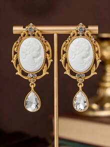 Grey & White Dual-Tone French Embossed Earrings, Multi-Layer Rhinestone Teardrop Design, Women's Vacation Jewelry Gift - White - View 6