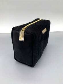 Portable Plush Black Striped Travel Makeup Pouch Metal Brand Plate Toiletry Storage Cosmetic Case For Personal Use Or As A Gift - Shiseido Cosmetic Bag - Black - View 2
