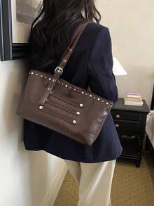 New Vintage-Style Rivet-Embellished PU Women's Tote Bag: Fall/Winter Large-Capacity Shoulder Bag-Versatile Brown Handbag For Shopping And Commuting - Coffee - View 6