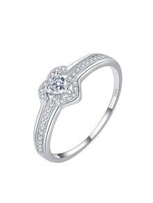 925 Silver Plated Platinum Cubic Zirconia Heart Ring, Hollow Heart Design, Fashionable Luxury Ring, Valentine's Day Gift - White - View 2