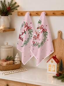 2PCS Kitchen Towels, Christmas Theme Pink Snowman & Santa Claus Pattern Dish Cloths, Minimalist Style 40*60cm Rectangular Microfiber Cleaning Kitchen Towels, Perfect For Kitchen, Dining Room And Bathroom Use, Christmas Kitchen Decor, Home Decor, Neighbor Housewarming Gift, Dish Cloths - Pink - View 6